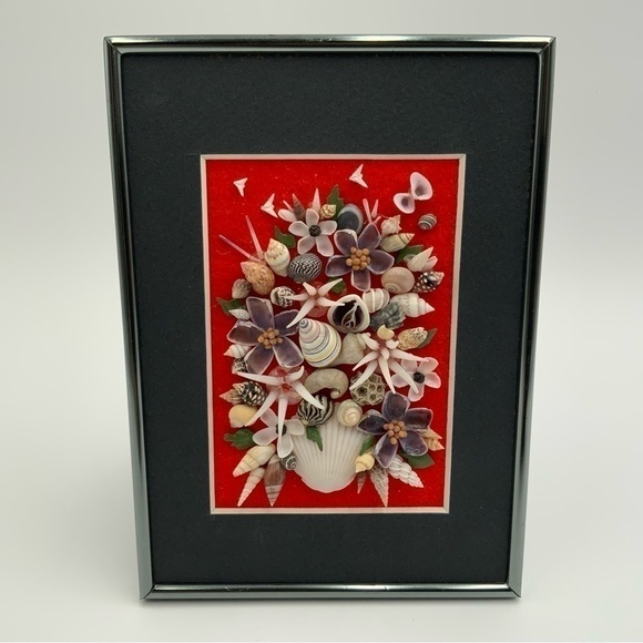 Handmade MCM Art Framed Floral Picture from SHELLS Seashells  7” X 5” - Picture 2 of 7